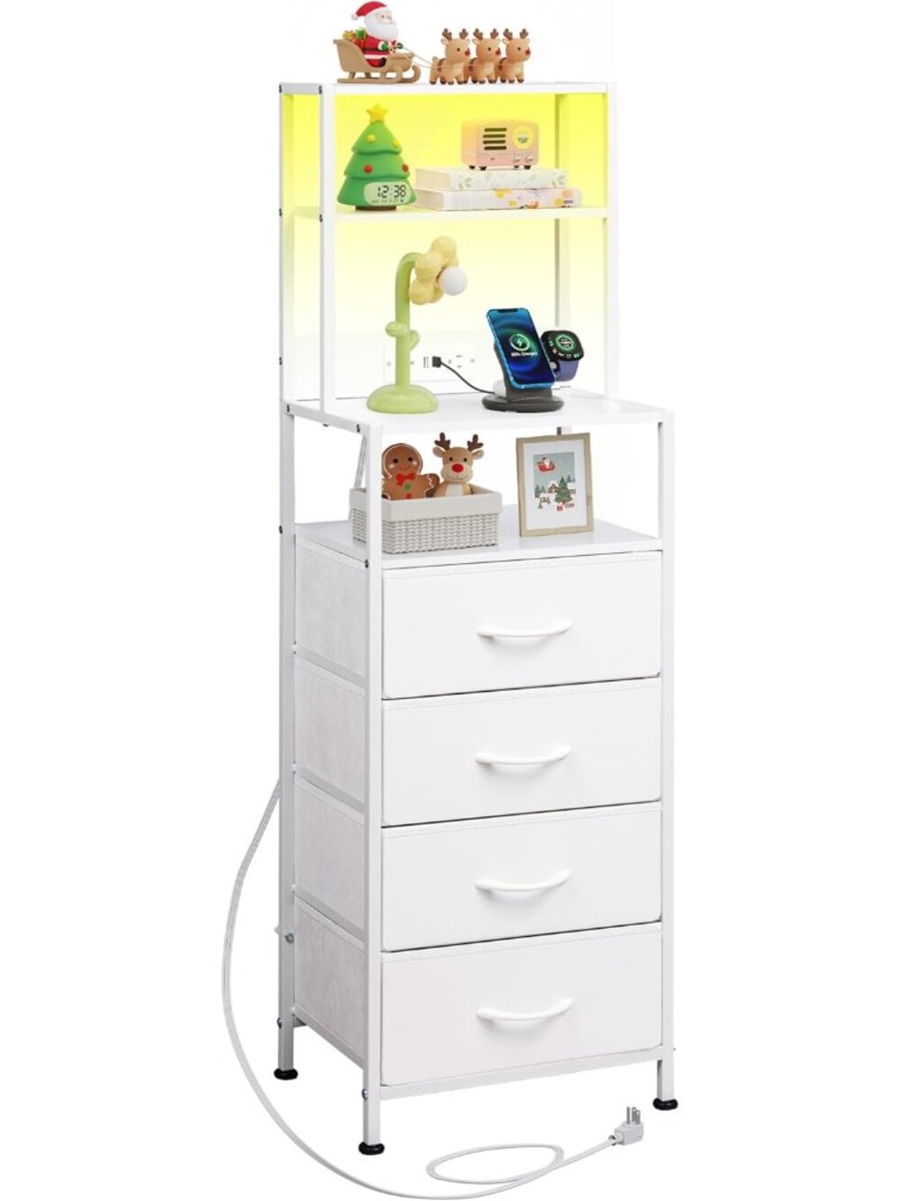Tall Nightstand with Charging Station, LED Night Stand with 4 Drawers and Storag